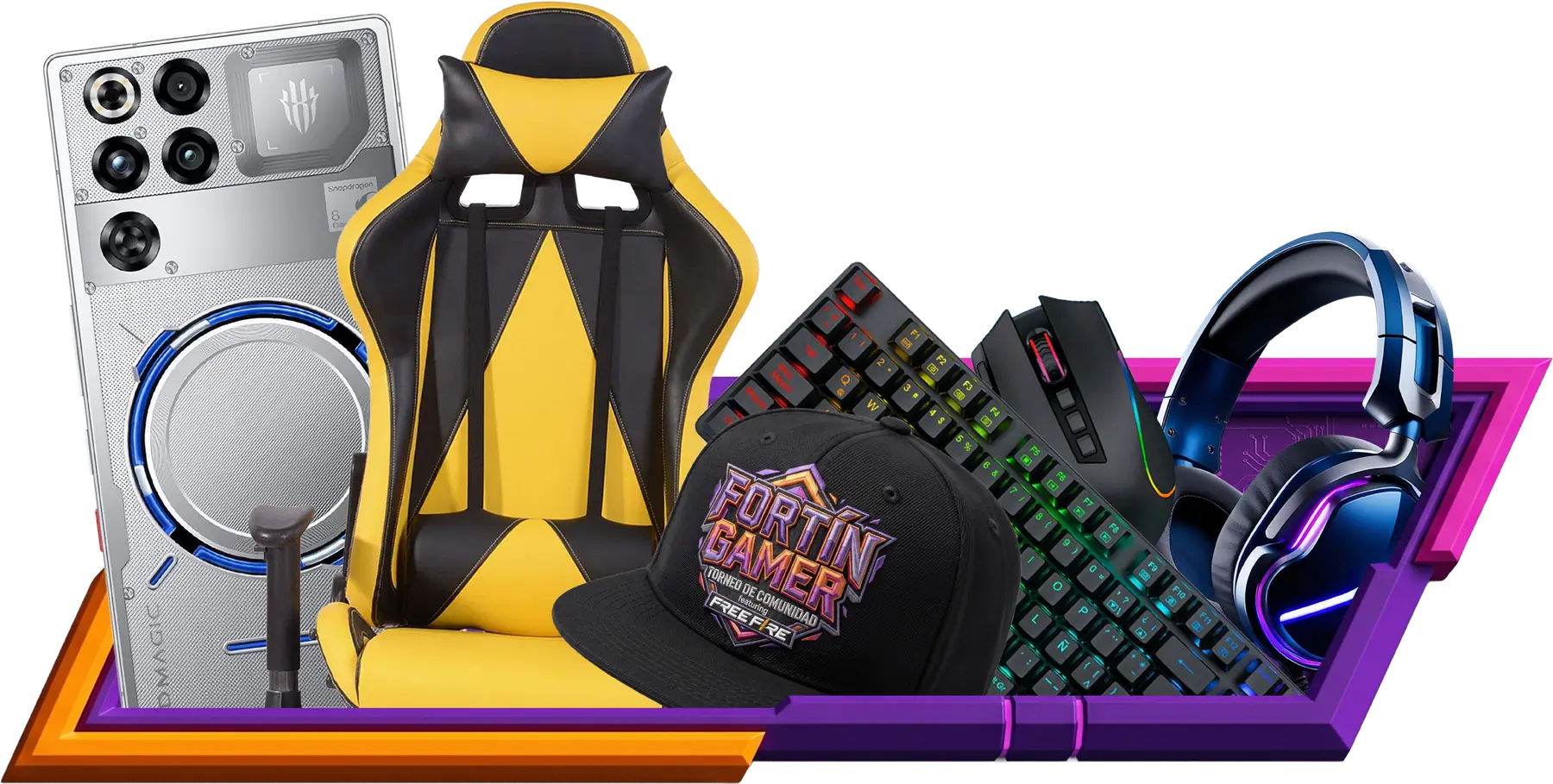 Premios del torneo: celular gamer, silla gamer, teclado y mouse RGB, headset y gorra oficial Fortín Gamer